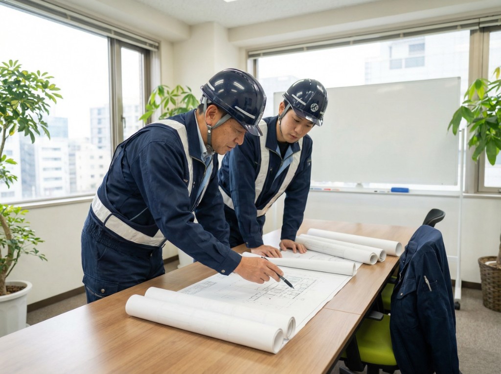 図面を確認し計画をすり合わせる職人たち